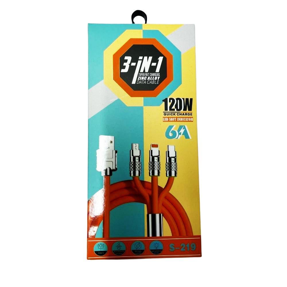 S-219  3 İN 1  6 AMPER KABLO (MİCR-İPH-TYPCE ) DATA KABLO ZING ALLOY