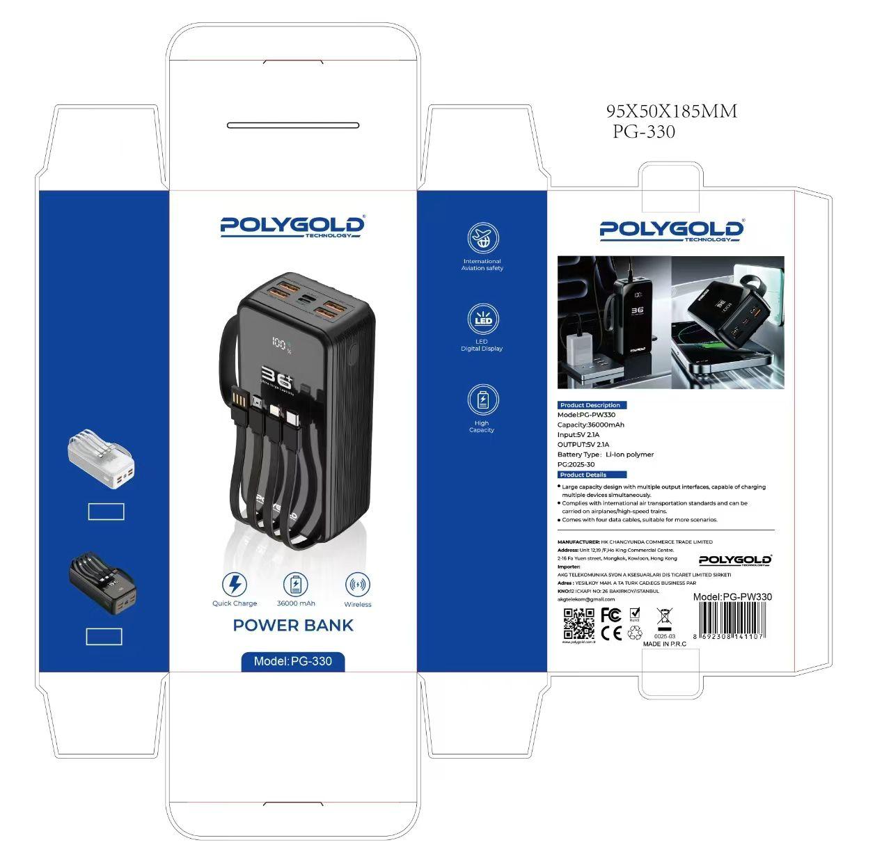 PG-PW330  POWER BANK KABLOLU 36000mAh 2.1 A