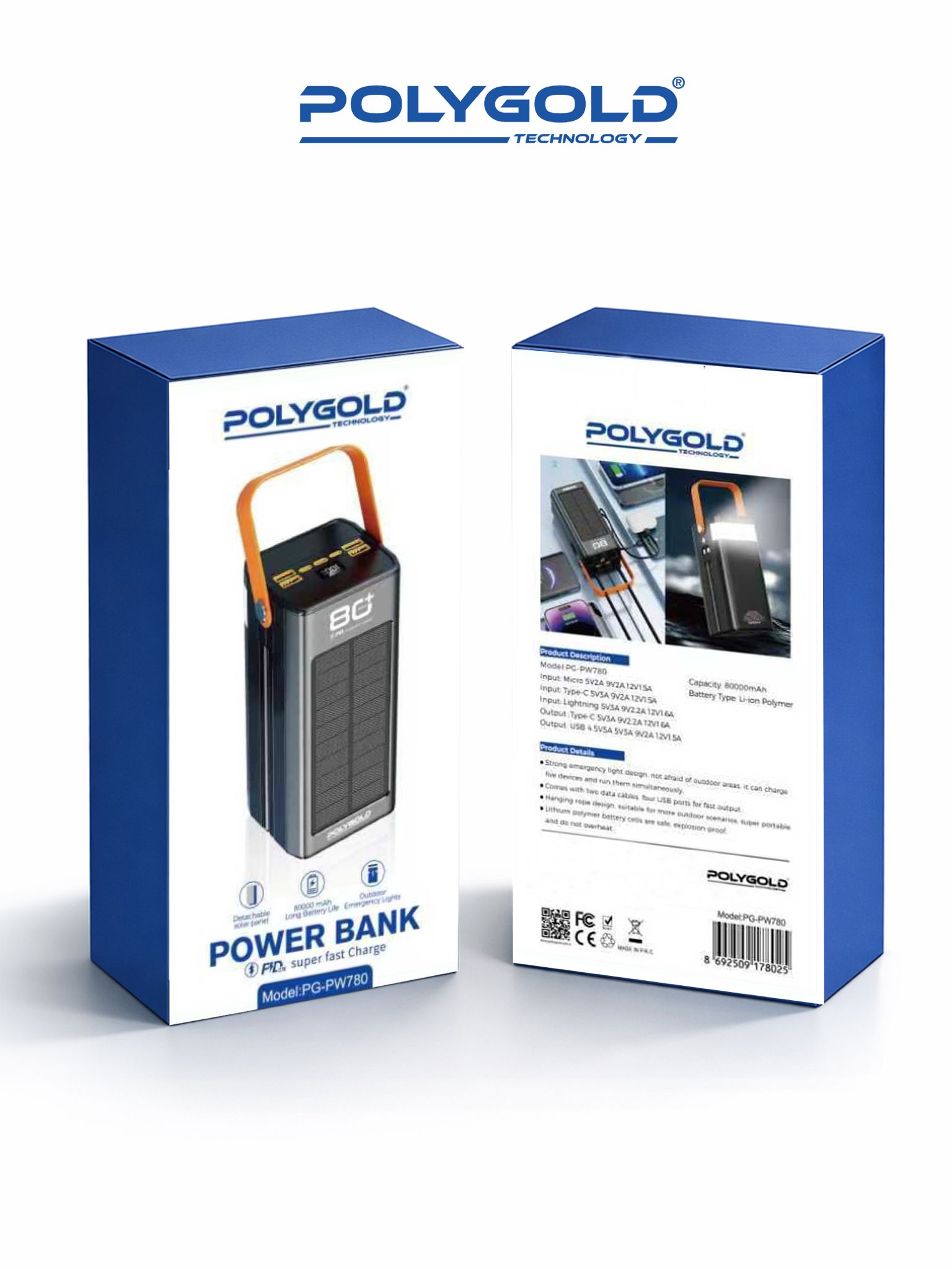 PG-PW780 POWER BANK 80000 MAH FAST ÖZELLİKLİ SOLAR ŞARJLI GÖSTEGELİ