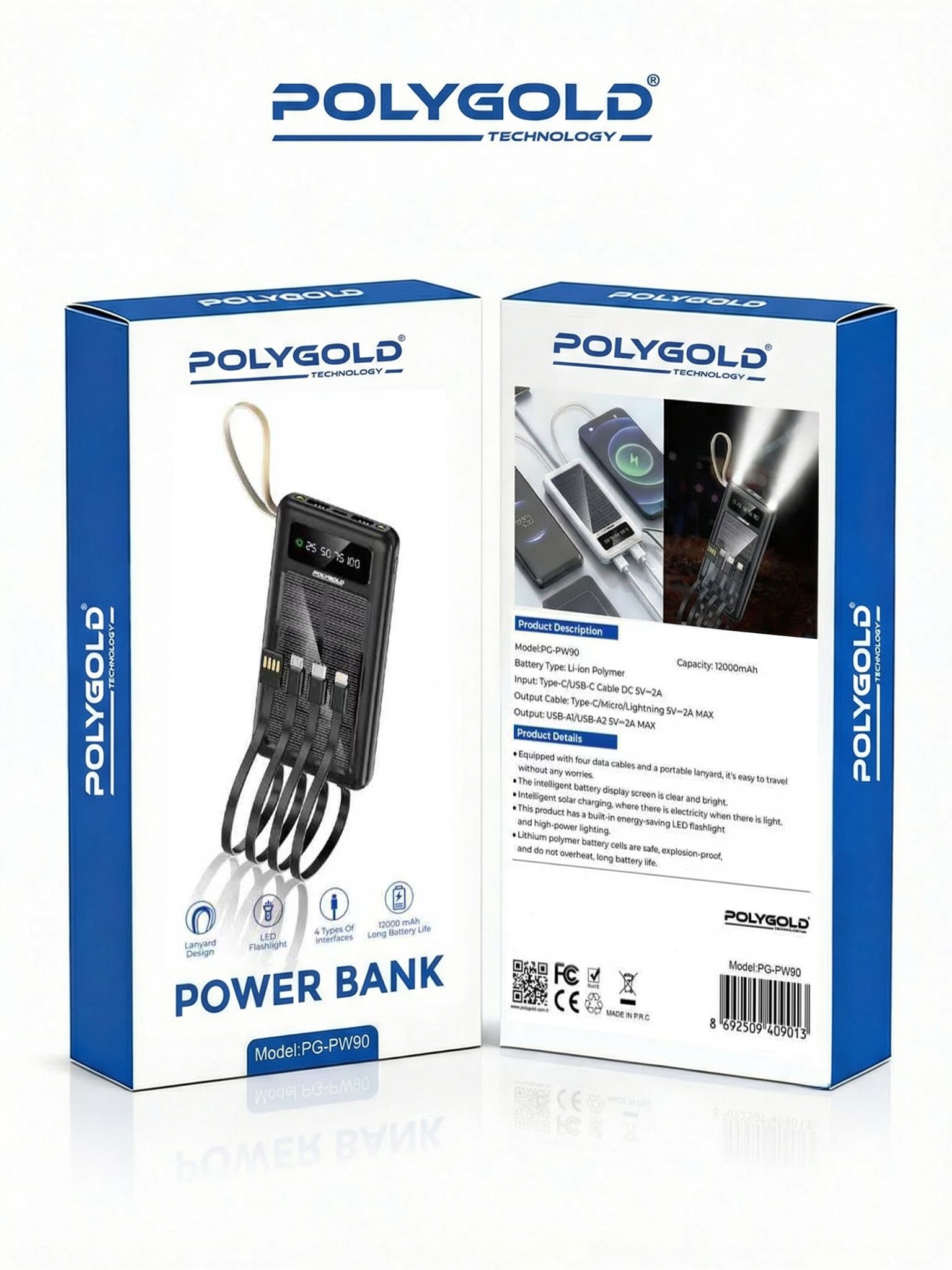 POWER BANK 12000mAh  SOLAR ŞARJLI GÖSTEGELİ PG-PW90
