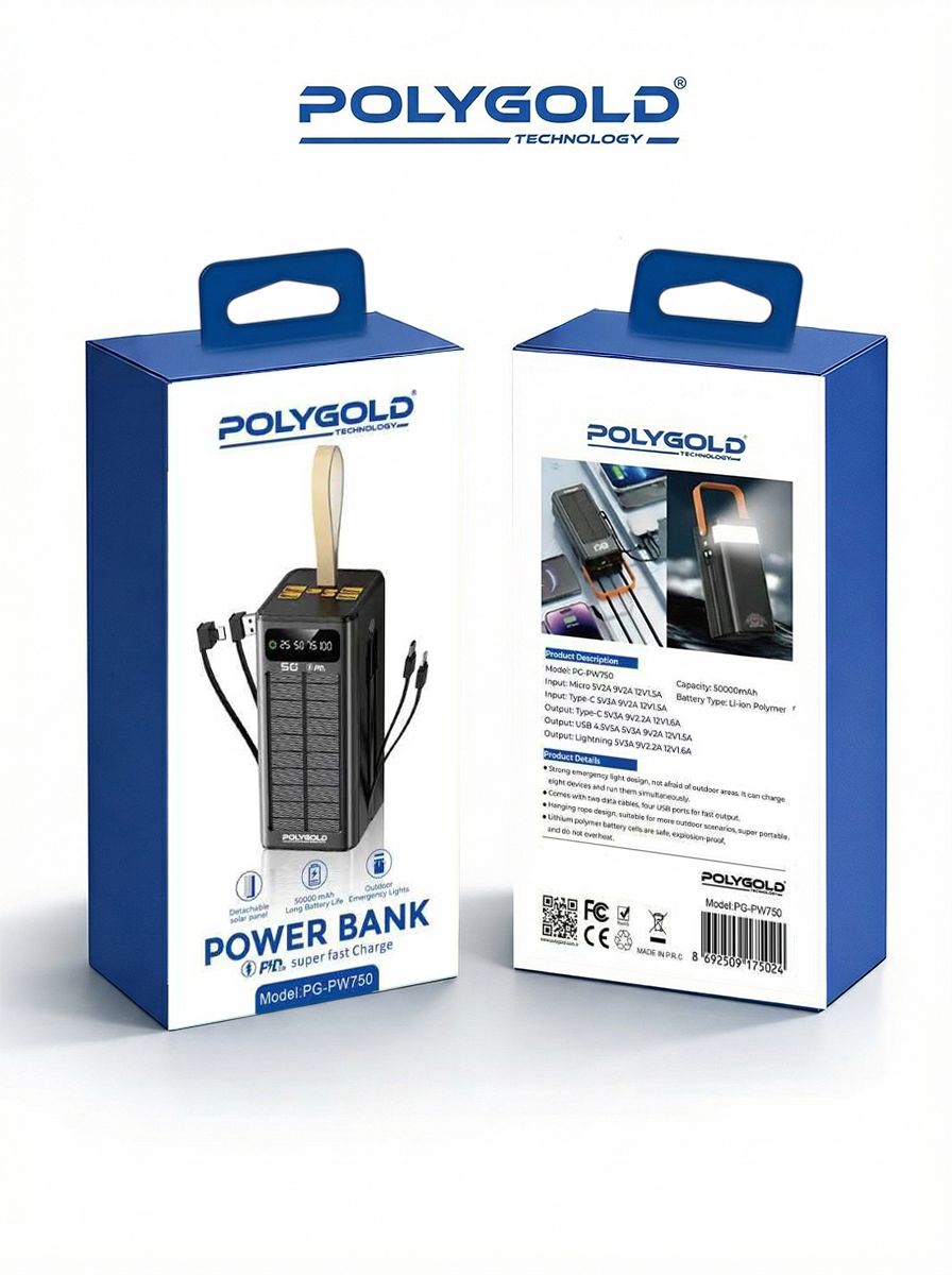 PG-PW750 POWER BANK 50000 MAH FAST ÖZELLİKLİ SOLAR ŞARJLI GÖSTEGELİ