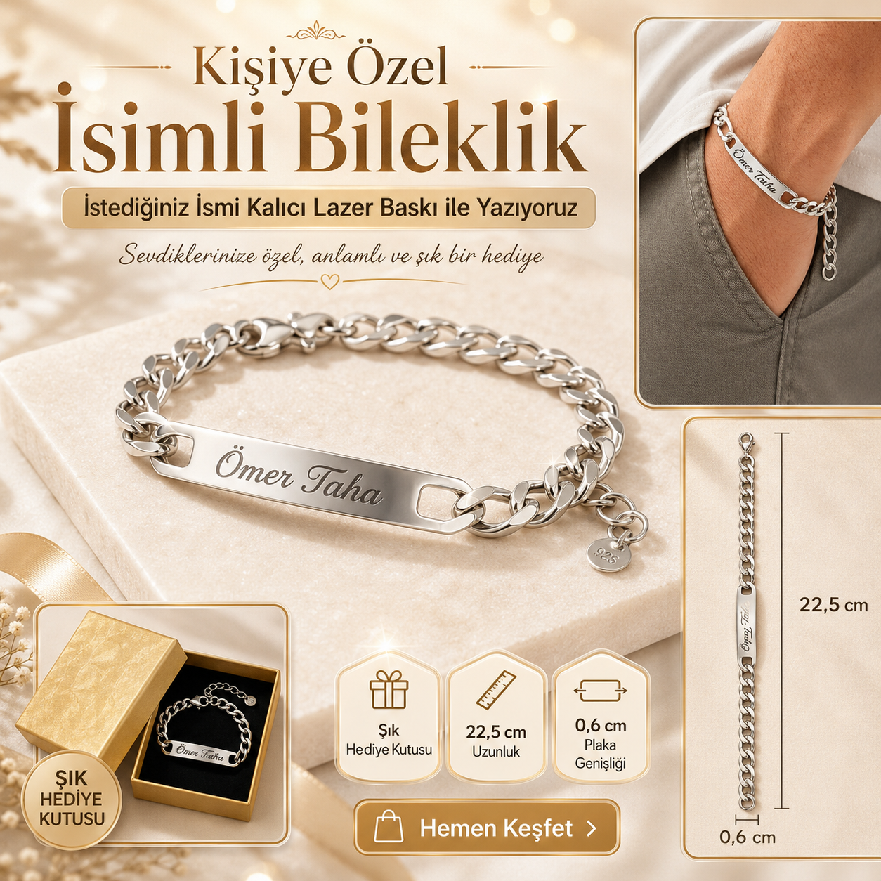 Kişiye Özel İsim Yazılı Çelik Bileklik – Lazer Baskılı Erkek Bileklik