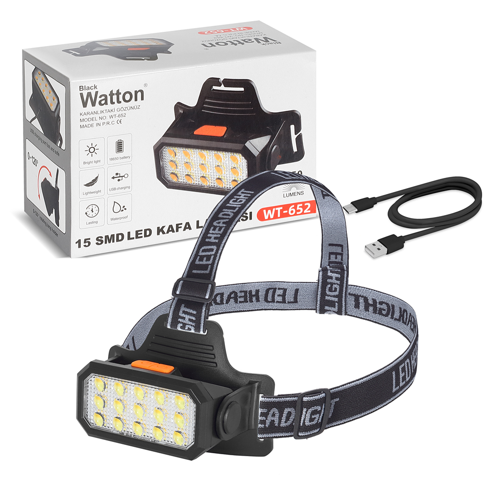 Şarjlı 15 LED Kafa Lambası Sarı ve Beyaz Işık Çok Modlu Güçlü Aydınlatma WT-652