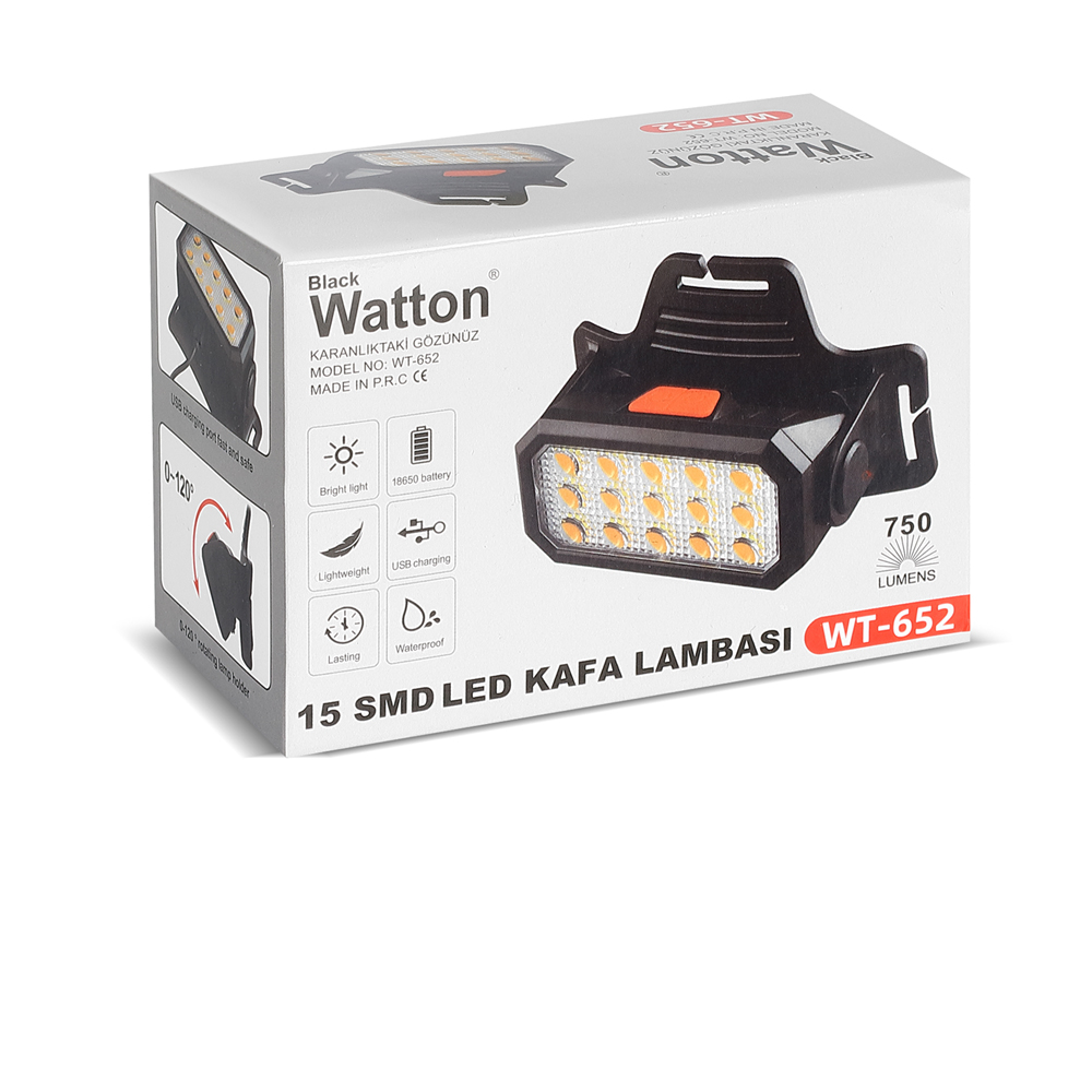 Şarjlı 15 LED Kafa Lambası Sarı ve Beyaz Işık Çok Modlu Güçlü Aydınlatma WT-652